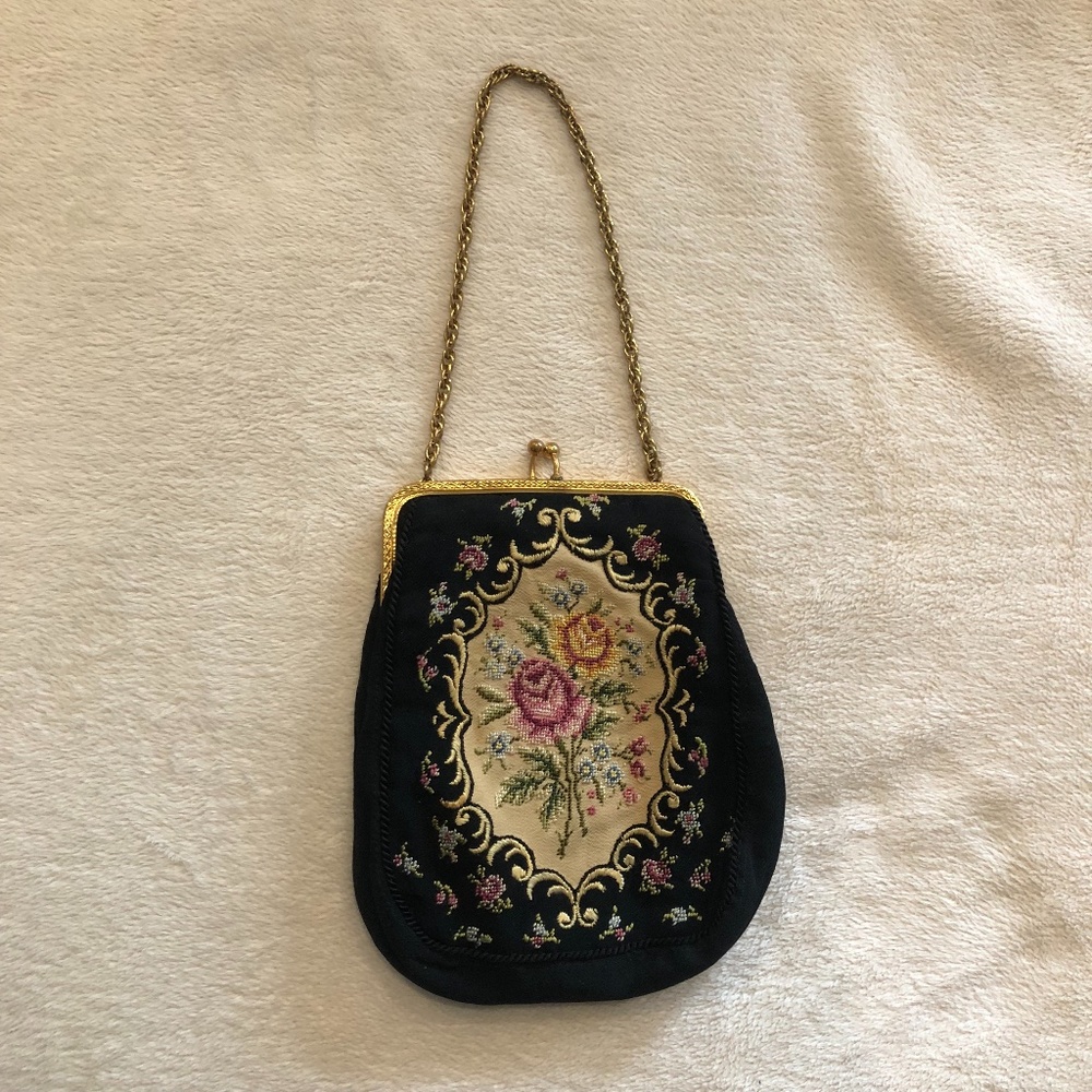 Vintage Petit Point Tapestry Evening Bag Black